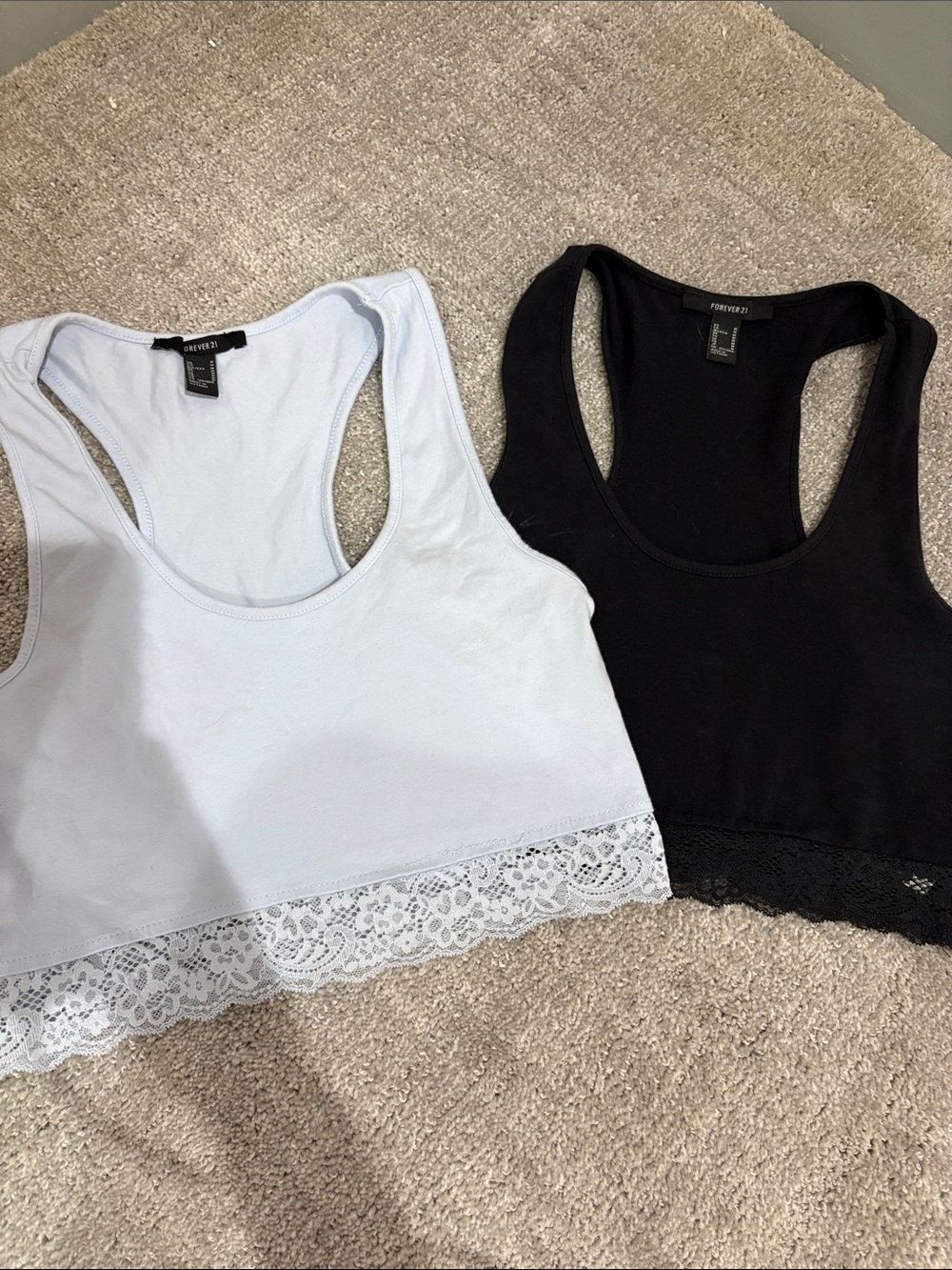 Forever 21 Lace-Hem Racerback Crop Tops - White and Black